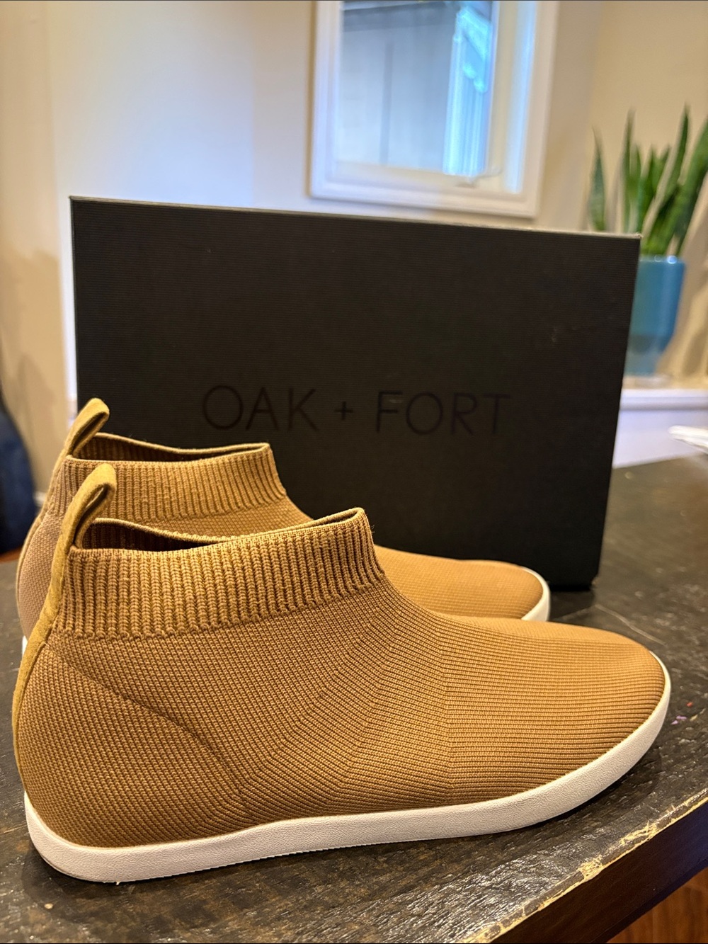 OAK + FORT Women’s Slip-On Knit Sneakers in Cognac Brown